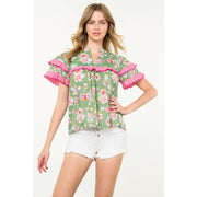 Ruffle Trim Floral Short Sleeve Top